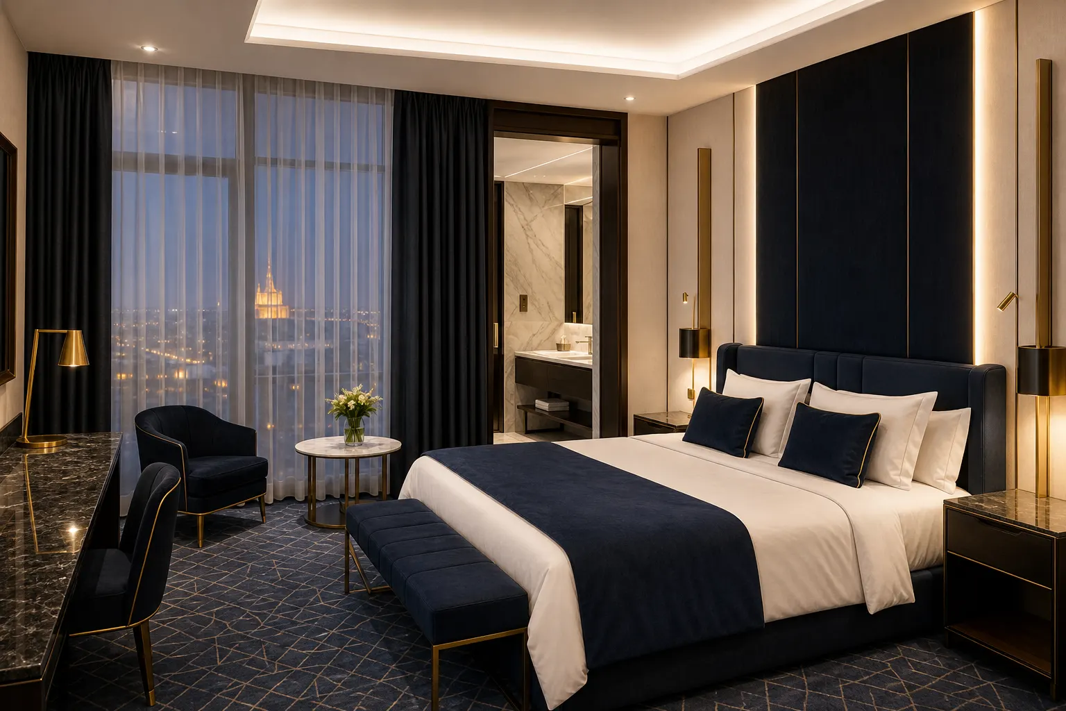 Luksusowy apartament hotelowy z granatową pościelą i blaskiem miasta nocą
